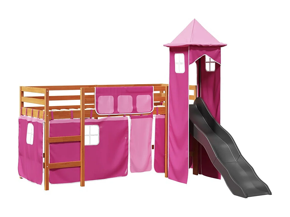Lit mezzanine enfants avec tour rose 90x190 cm bois pin massif