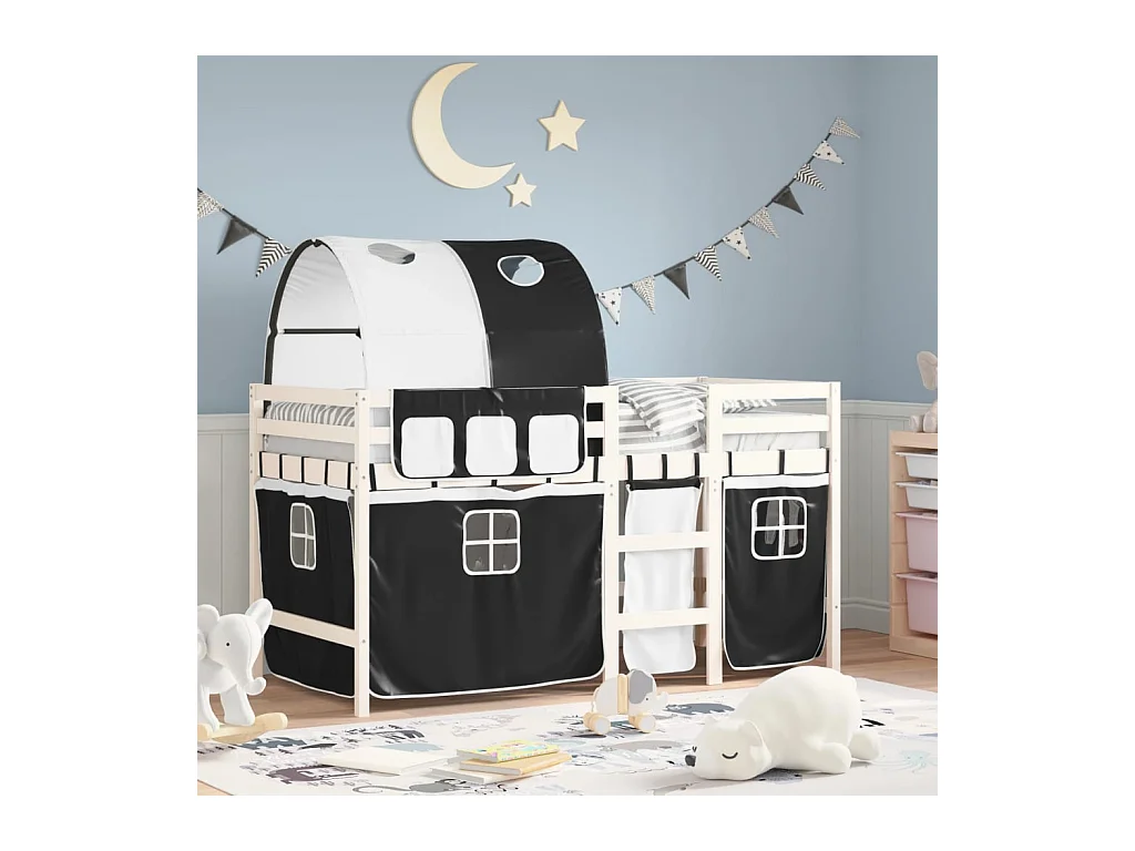 Cama alta niños con túnel madera pino blanco negro 80x200 cm