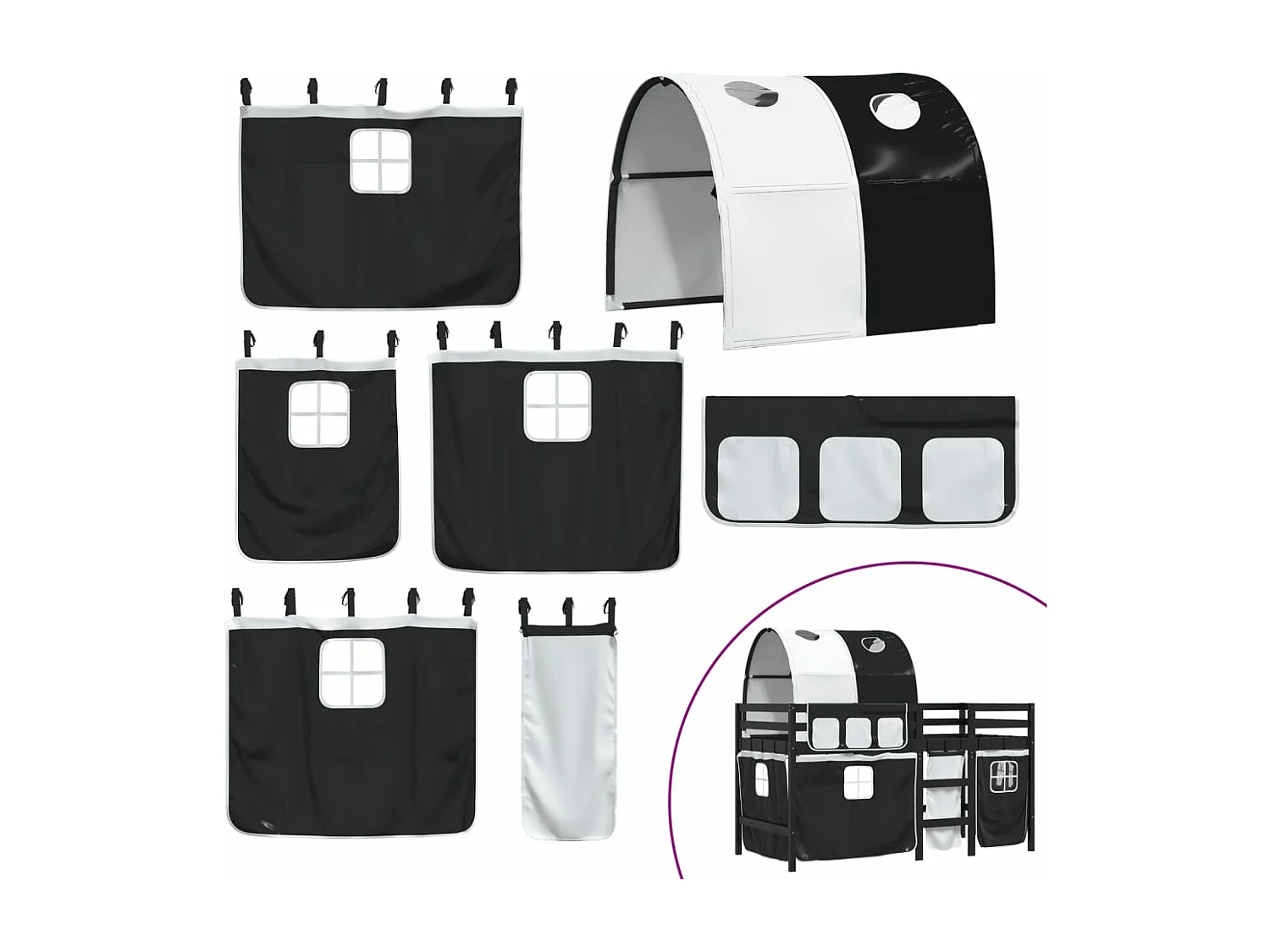 Letto a Soppalco con Tunnel Bambini Bianco e Nero 90x200cm Pino