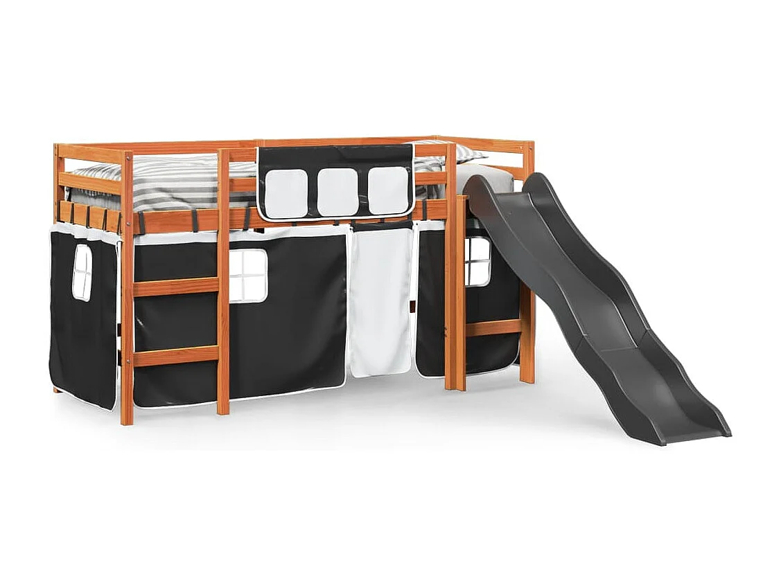 Lit mezzanine enfants et rideaux blanc/noir 90x200cm pin massif