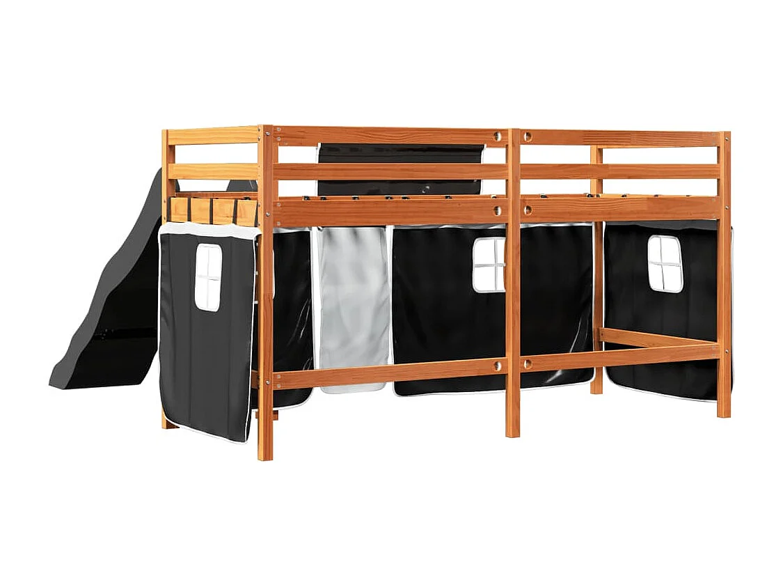 Lit mezzanine enfants et rideaux blanc/noir 90x200cm pin massif