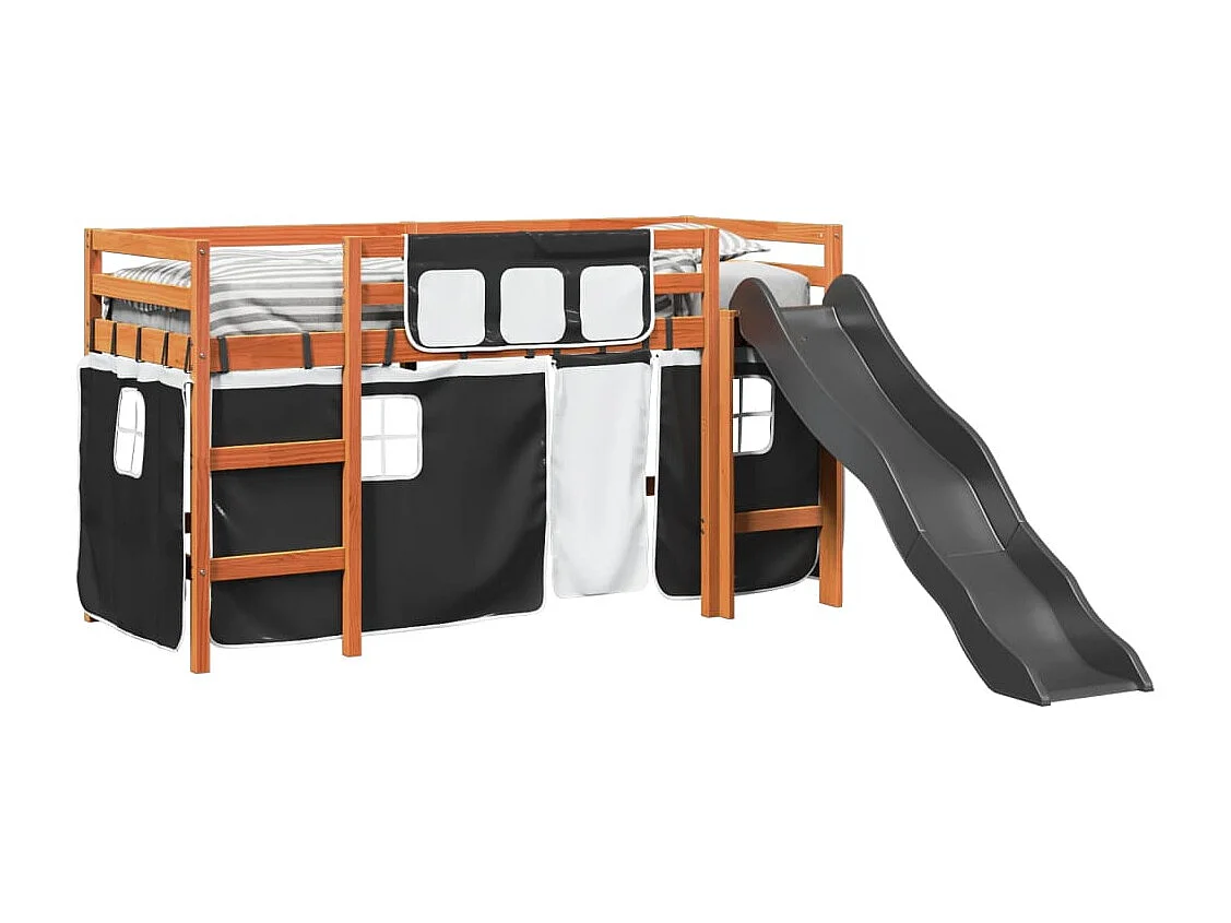 Cama alta niños con cortinas madera pino blanco negro 90x200 cm