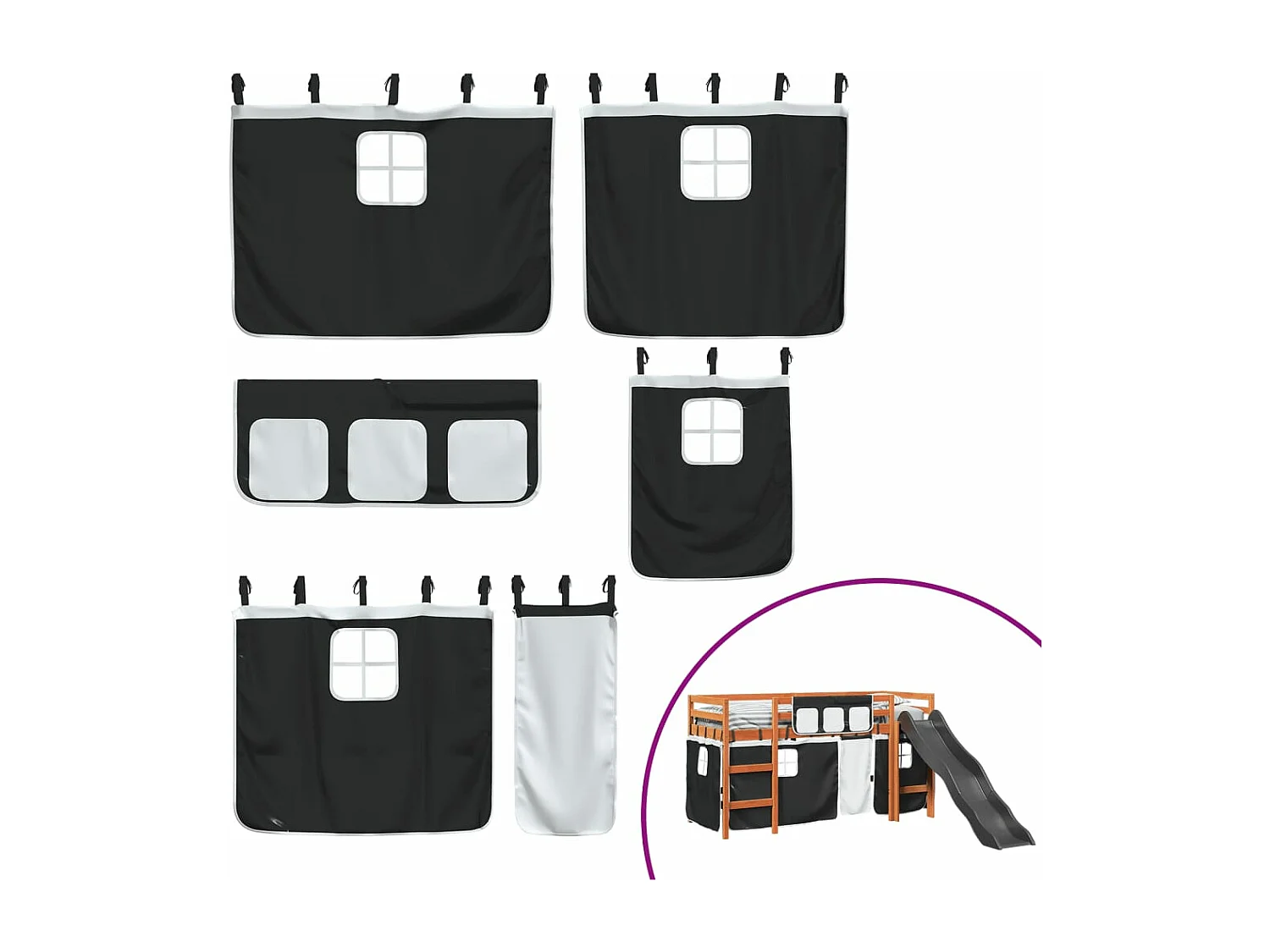 Cama alta niños con cortinas madera pino blanco negro 90x200 cm