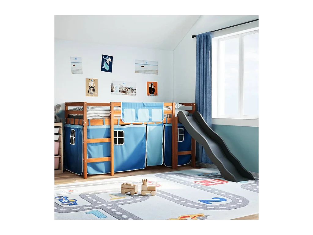 Kinderhochbett mit Vorhängen Blau 80x200 cm Massivholz Kiefer