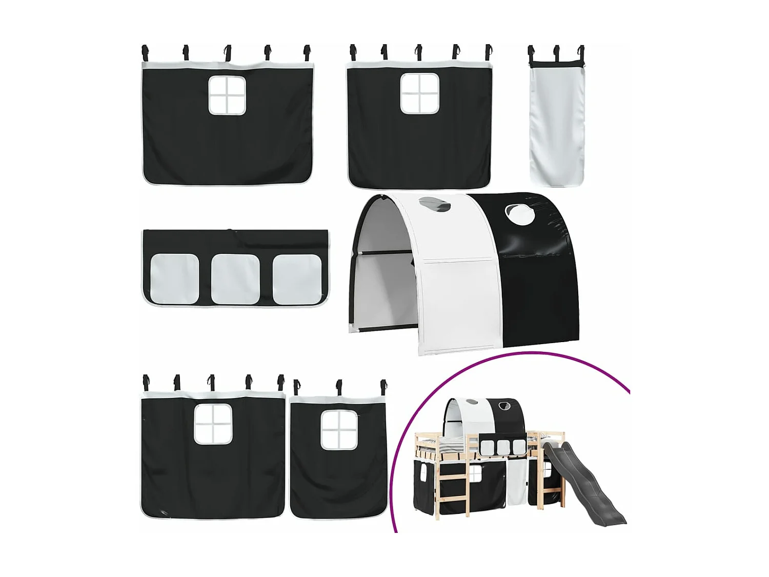 Lit mezzanine enfants et tunnel blanc/noir 90x190 cm pin massif