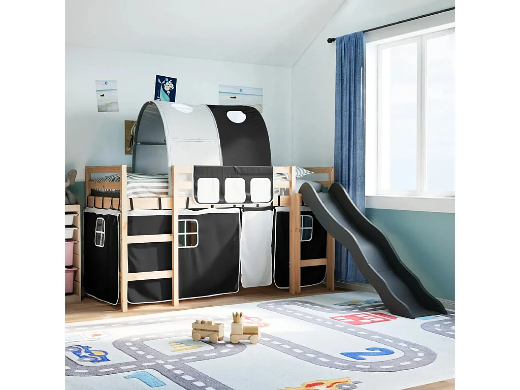 Lit mezzanine enfants et tunnel blanc/noir 90x190 cm pin massif
