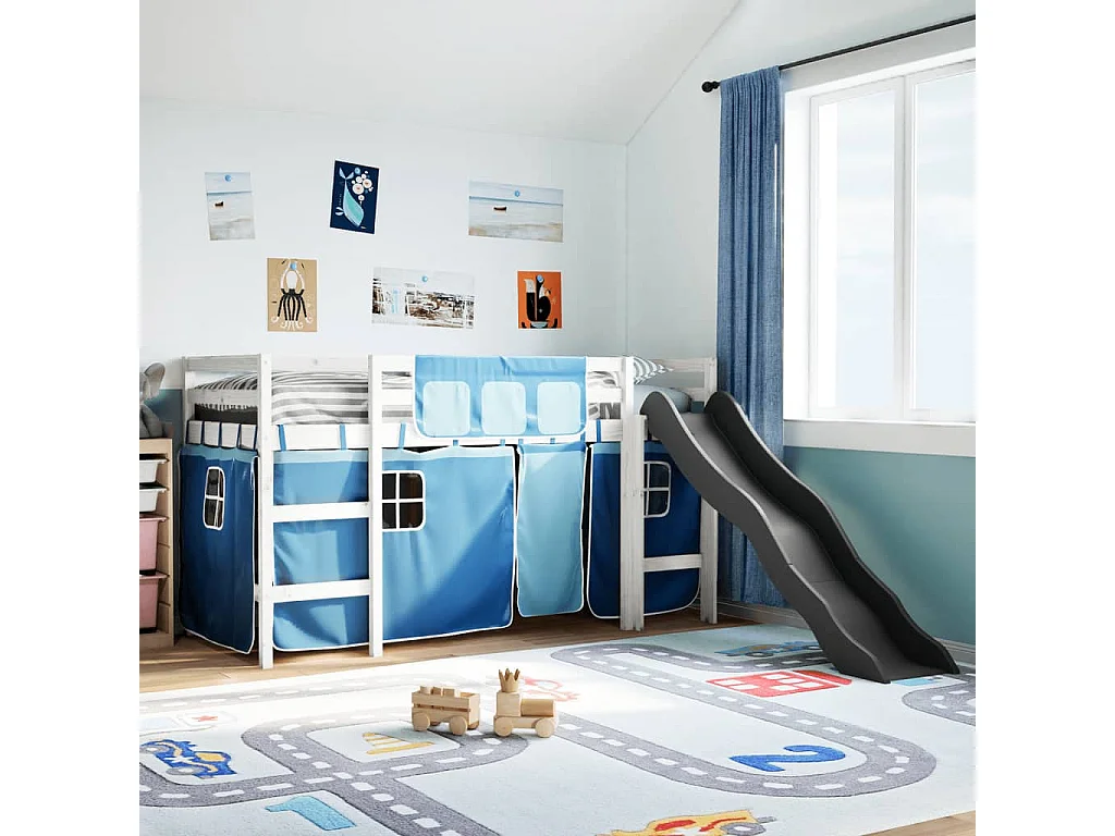 Lit mezzanine enfants et rideaux bleu 80x200cm bois pin massif