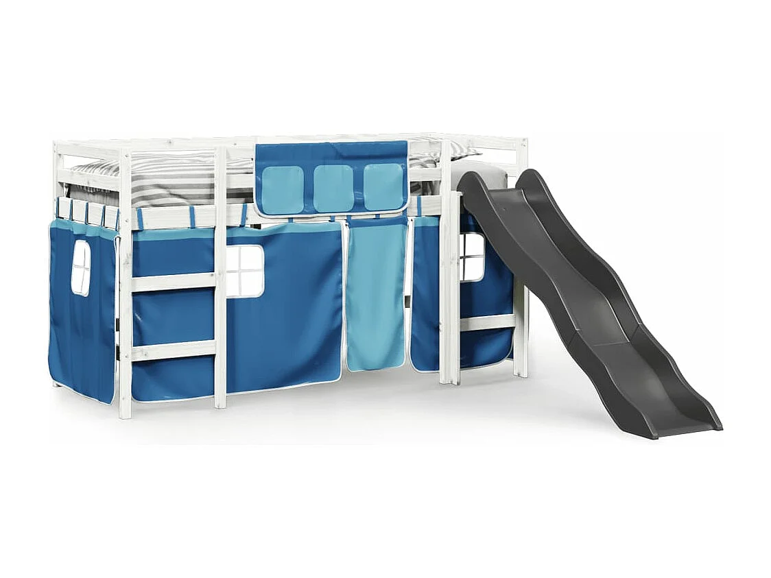 Lit mezzanine enfants et rideaux bleu 80x200cm bois pin massif