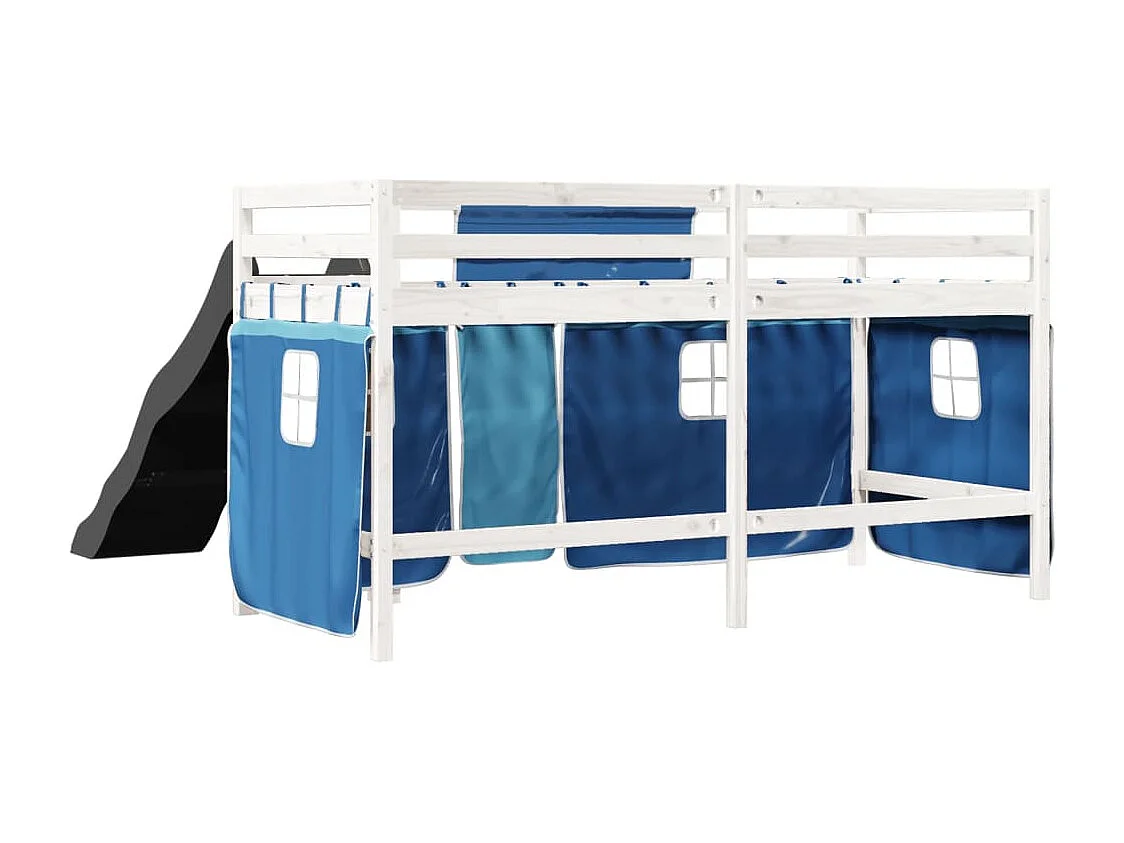 Lit mezzanine enfants et rideaux bleu 80x200cm bois pin massif