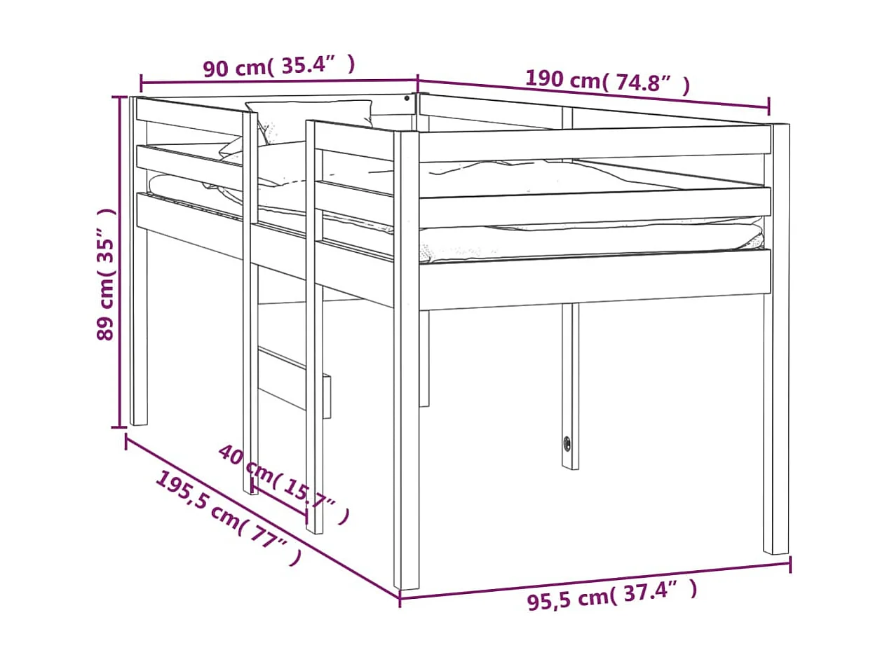 Cama alta blanca madera maciza pino 90x190 cm