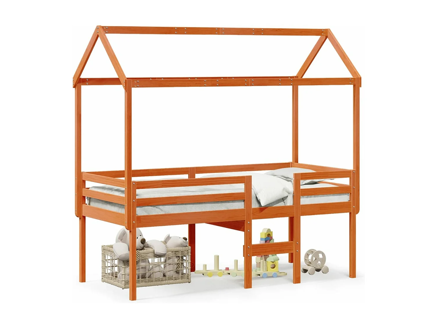 Letto a Soppalco con Tetto Cera 75x190cm Legno Massello di Pino