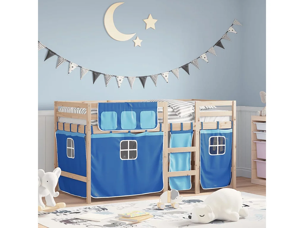 Lit mezzanine enfants avec rideaux sans matelas bleu 80x200cm