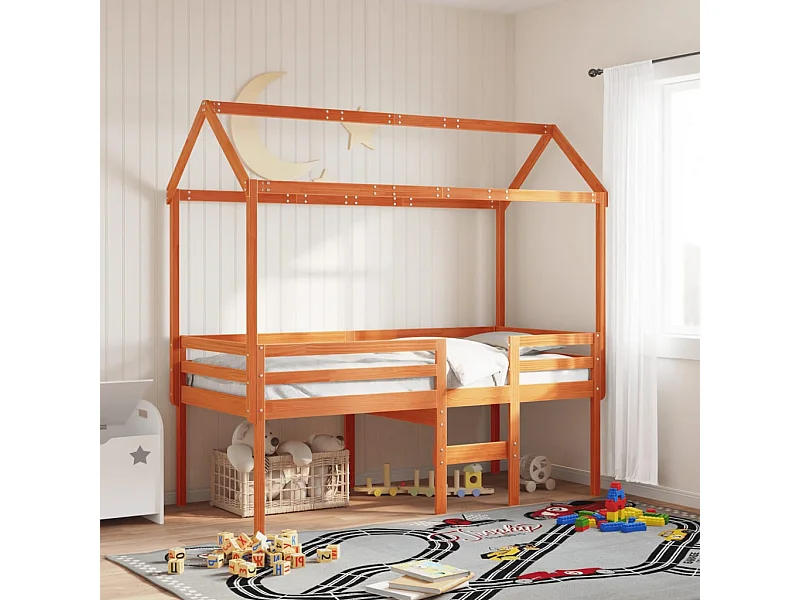 Letto a Soppalco con Tetto Cera 90x190cm Legno Massello di Pino