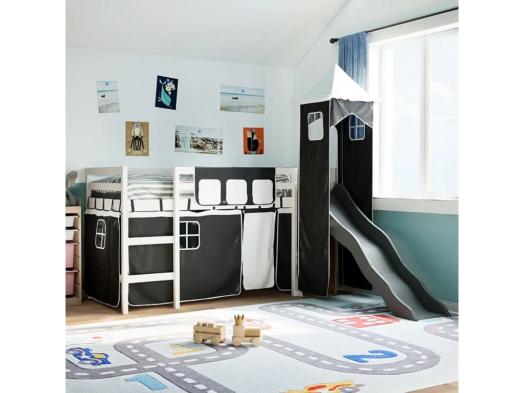 Lit mezzanine enfants avec tour blanc/noir 90x190 cm pin massif