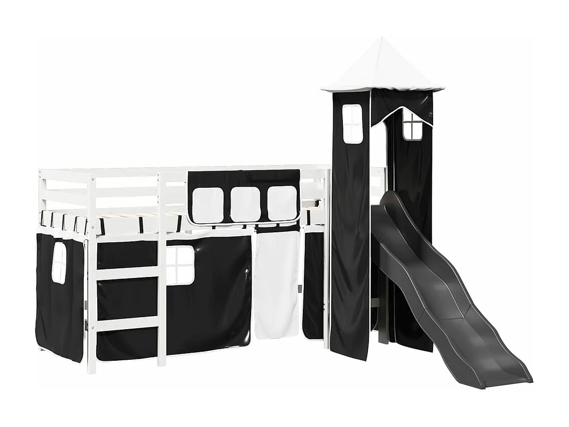 Lit mezzanine enfants avec tour blanc/noir 90x190 cm pin massif