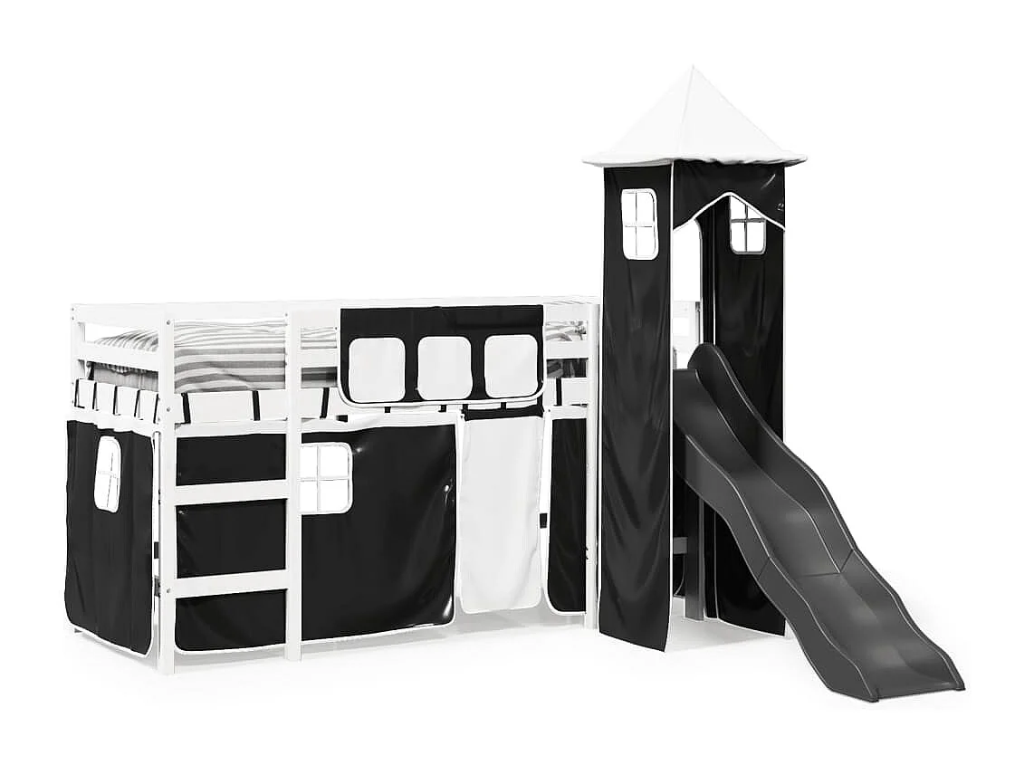 Lit mezzanine enfants avec tour blanc/noir 90x190 cm pin massif