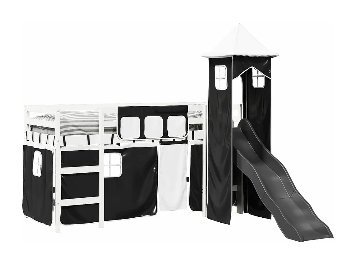Lit mezzanine enfants avec tour blanc/noir 90x190 cm pin massif