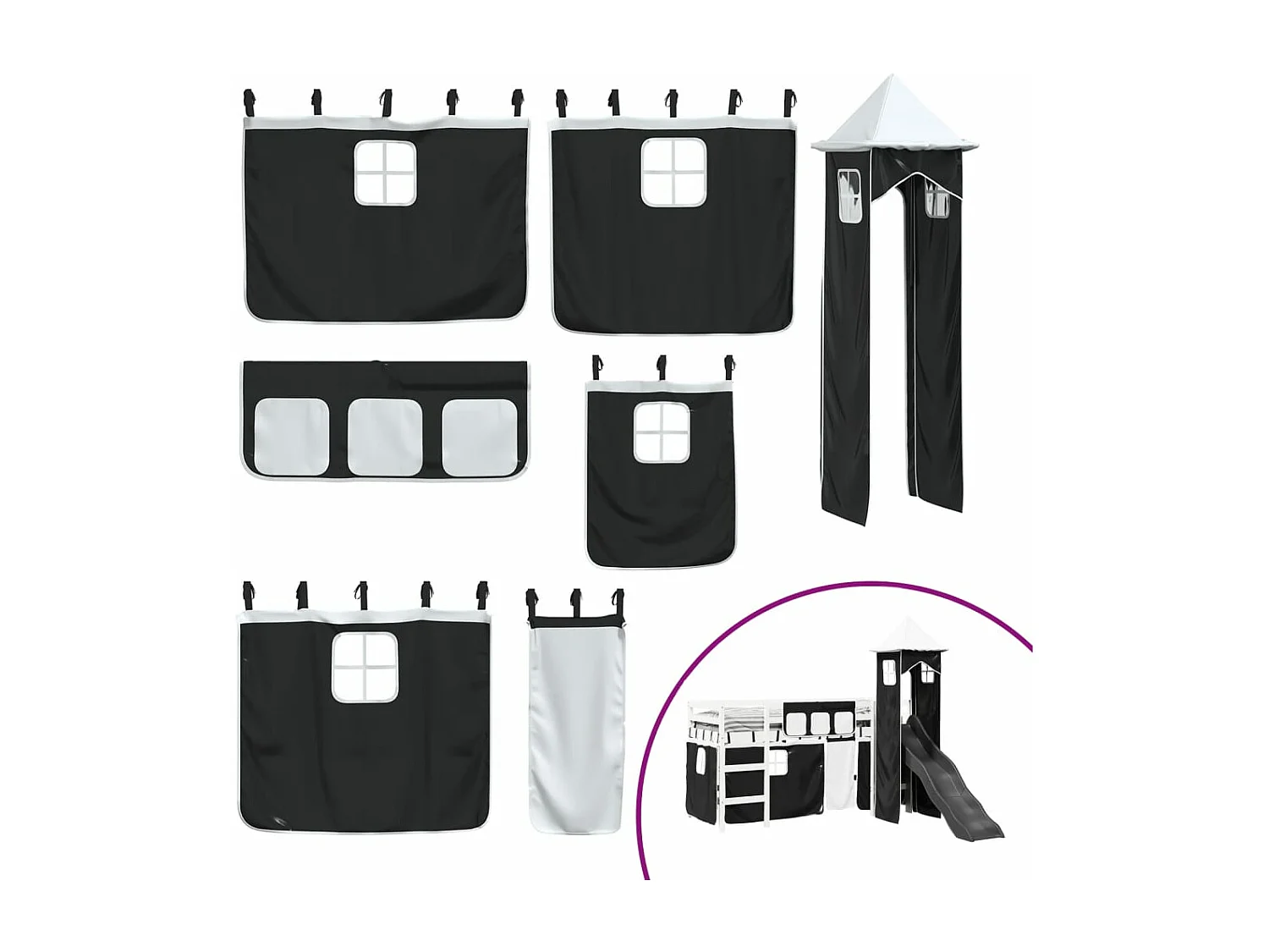 Lit mezzanine enfants avec tour blanc/noir 90x190 cm pin massif