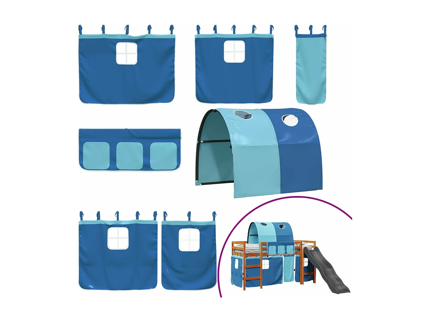 Lit mezzanine enfants et tunnel bleu 90x190 cm bois pin massif