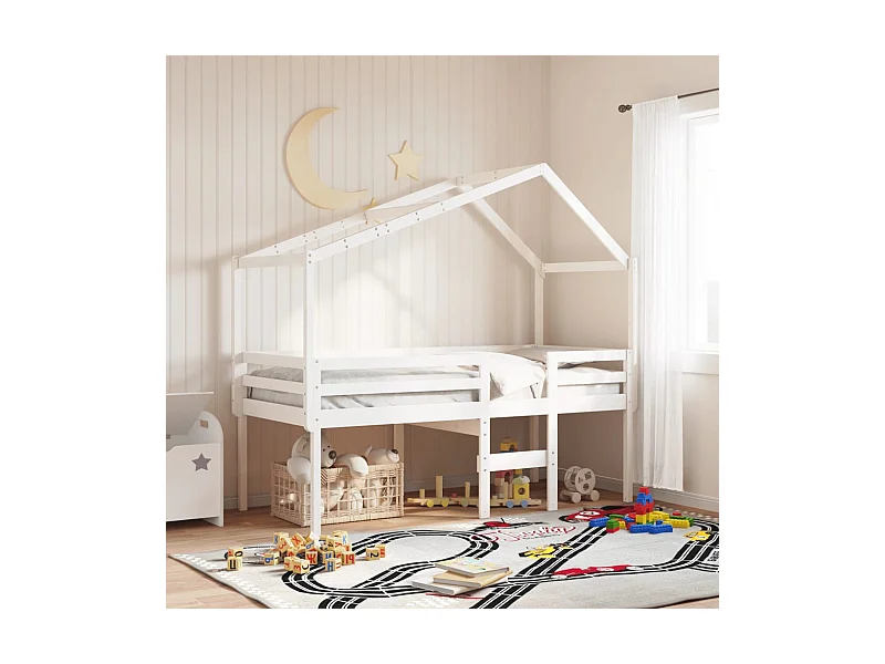 Cama alta com telhado 75x190 cm pinho maciço branco