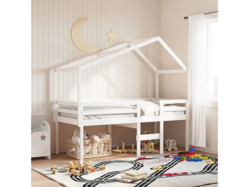 Letto a Soppalco con Tetto Bianco 75x190 cm in Legno di Pino