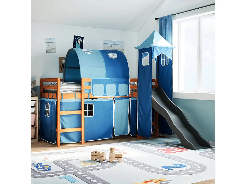 Lit mezzanine enfants avec tour bleu 90x190 cm bois pin massif