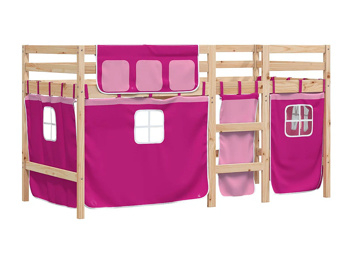 Letto a Soppalco con Tende Bambini Rosa 90x200 cm Massello Pino