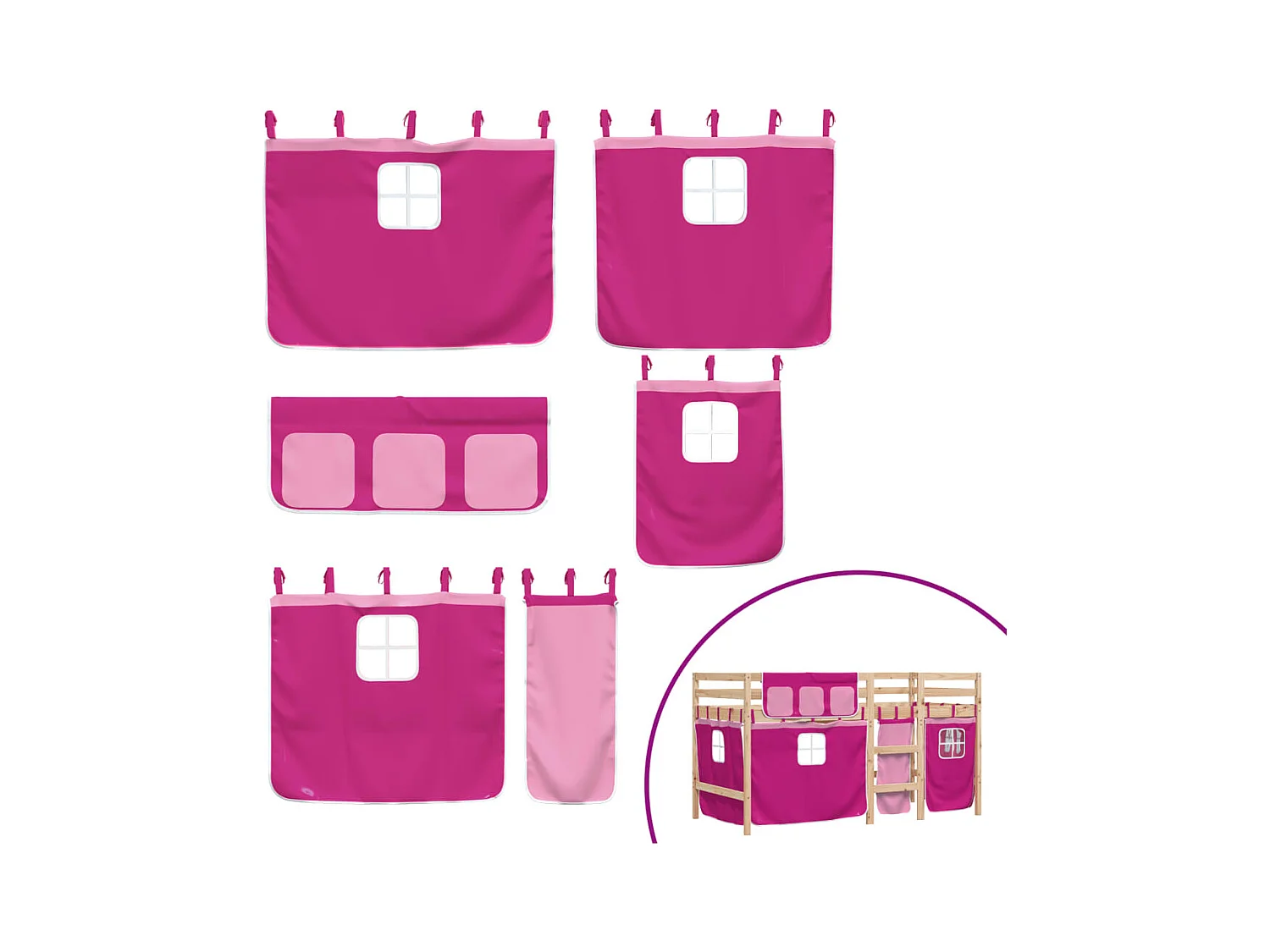 Letto a Soppalco con Tende Bambini Rosa 90x200 cm Massello Pino