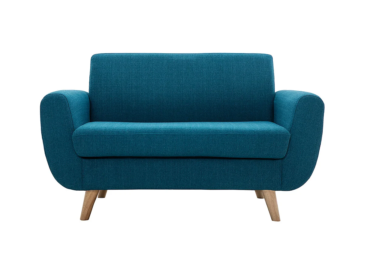Canapé scandinave 2 places en tissu bleu canard et bois clair PURE
