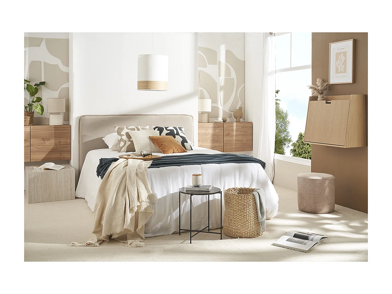 Cabecero de cama de tela efecto aterciopelado natural 175 cm MARCIA