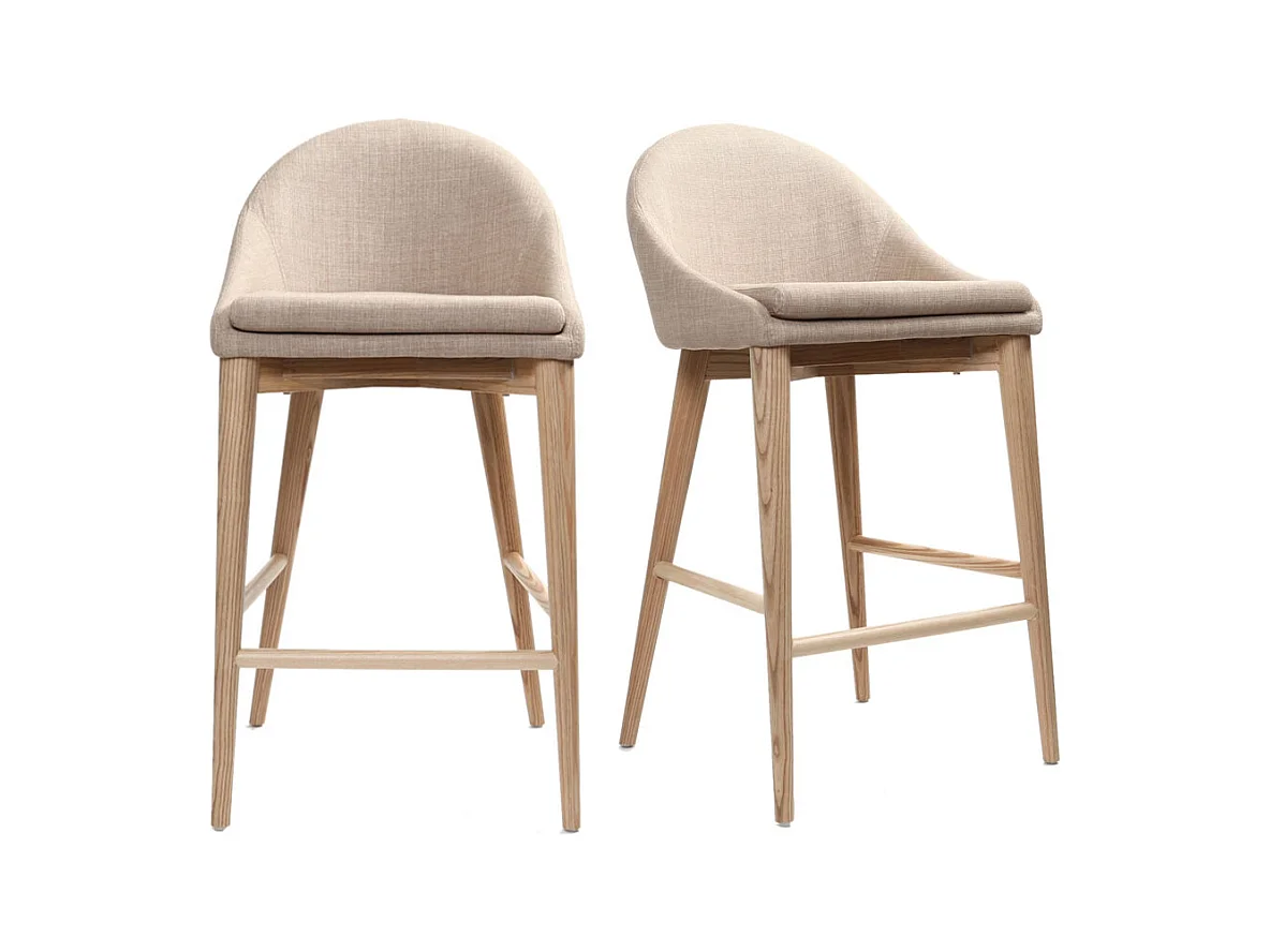 Tabourets de bar scandinaves en tissu beige et frêne massif H66 cm (lot de 2) DALIA