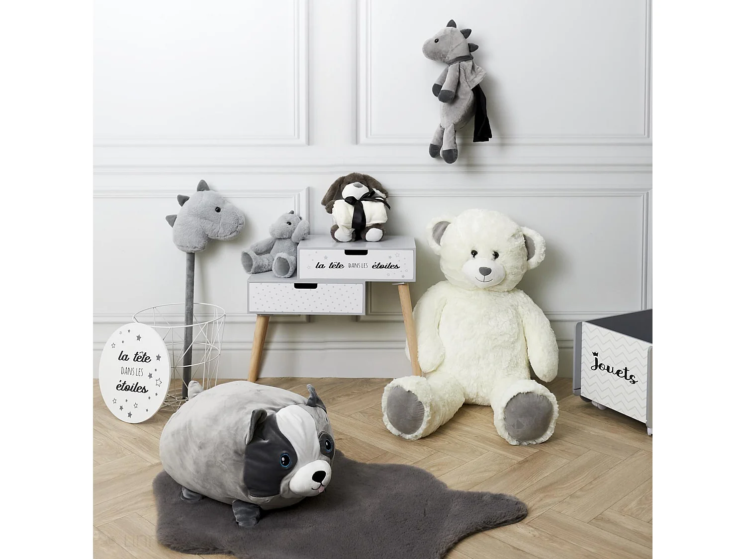 Peluche coussin en polyester personnage chien 30x30 cm collection PETS gris aux yeux bleus