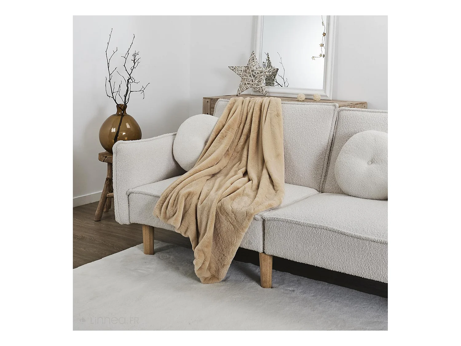 Plaid en polyester 120x150 cm FLEUR DE LUNE fausse fourrure avec lanières beige