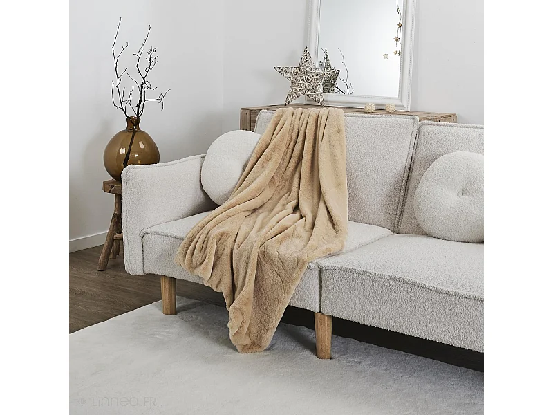 Plaid en polyester 120x150 cm FLEUR DE LUNE fausse fourrure avec lanières beige