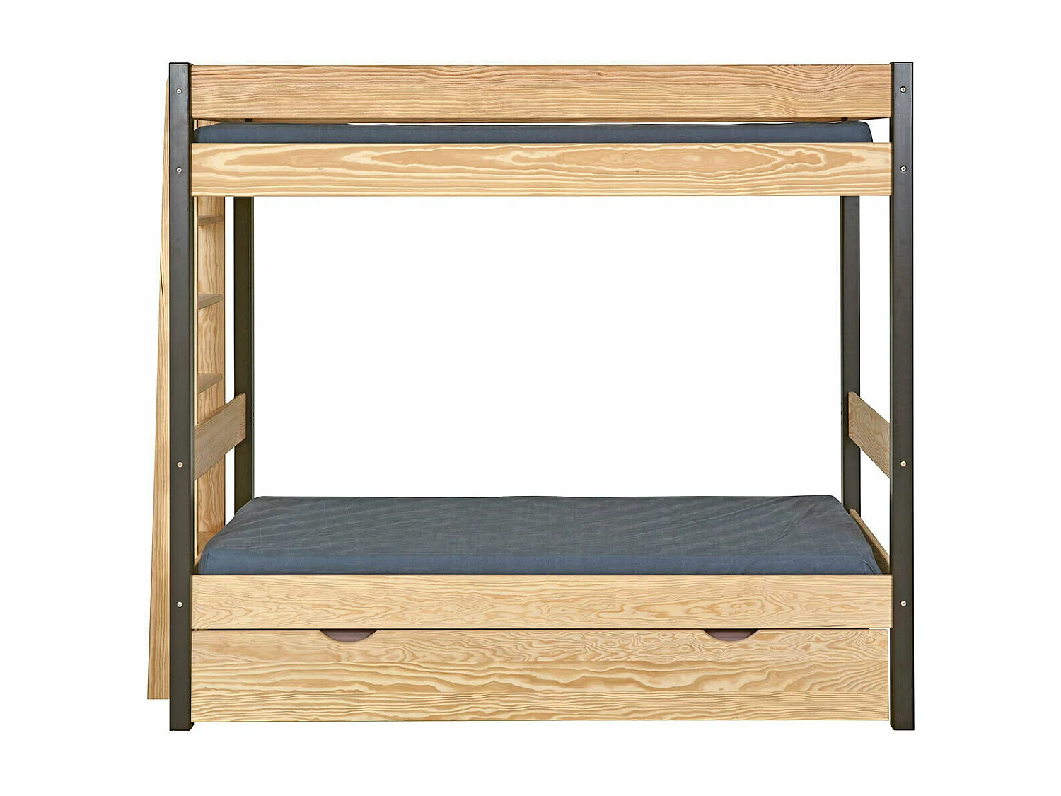 Pack lit superposé gigogne avec matelas 90x190 cm bois massif noir et bois TINO