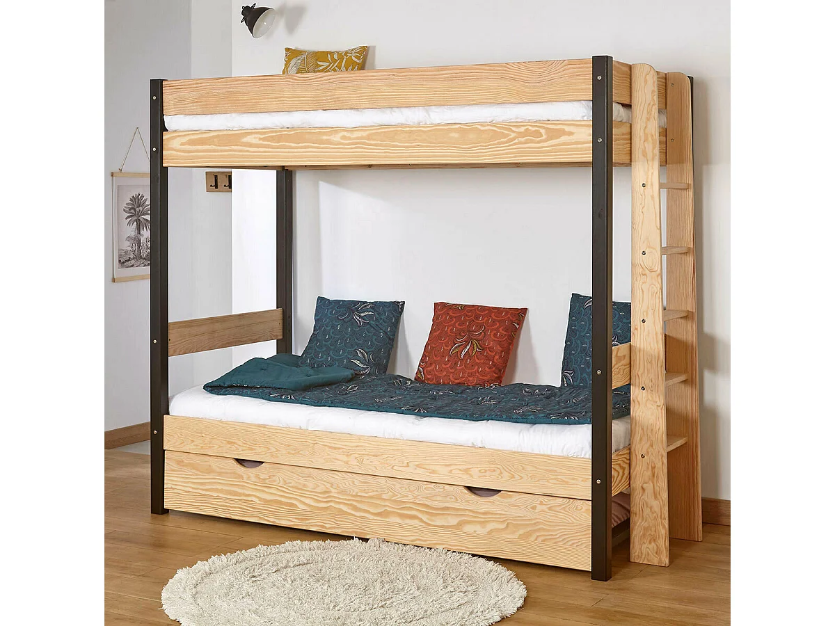 Pack lit superposé gigogne avec matelas 90x190 cm bois massif noir et bois TINO