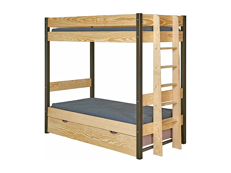 Pack lit superposé gigogne avec matelas 90x190 cm bois massif noir et bois TINO