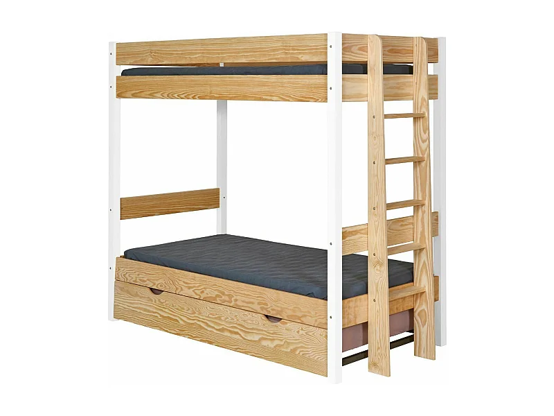 Pack lit superposé gigogne avec matelas 90x190 cm bois massif blanc et bois TINO