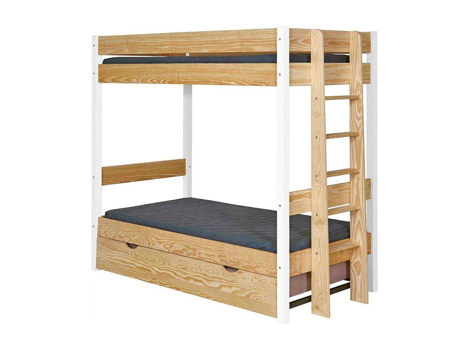 Pack lit superposé gigogne avec matelas 90x190 cm bois massif blanc et bois TINO