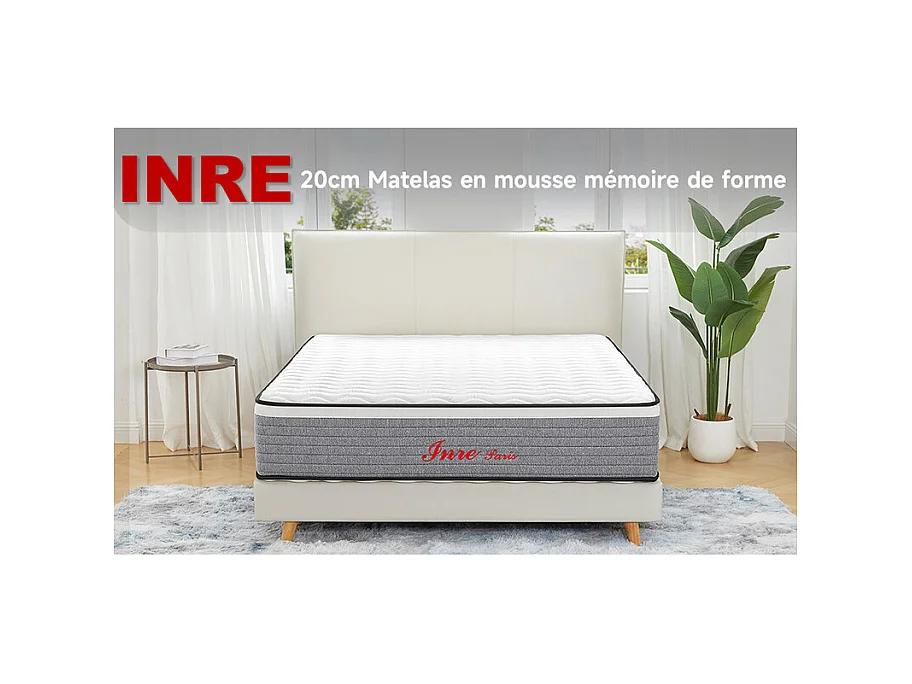 Matelas 160x200 cm INRE mousse à mémoire de forme, épaisseur 20cm, confort ferme, confort optimal, 7 zones ergonomique