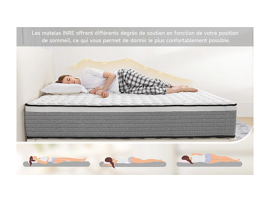 Matelas 160x200 cm INRE mousse à mémoire de forme, épaisseur 20cm, confort ferme, confort optimal, 7 zones ergonomique