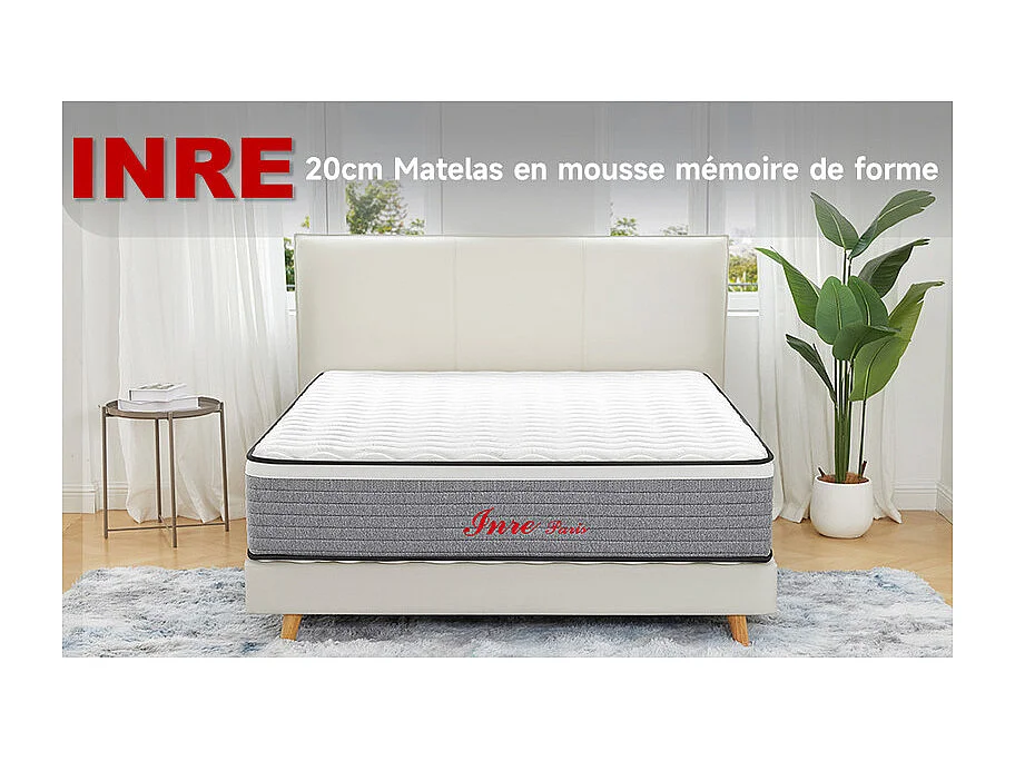 Matelas 160x200 cm INRE mousse à mémoire de forme, épaisseur 20cm, confort ferme, confort optimal, 7 zones ergonomique