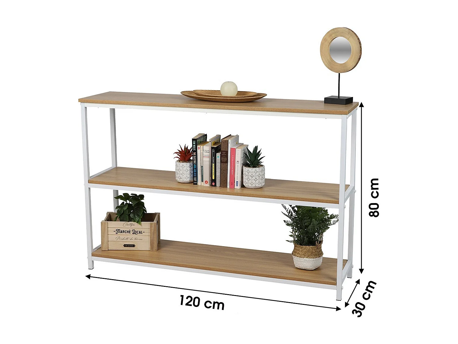 Bibliothèque 3 niveaux collection PUEBLO – Style industriel, coloris chêne et blanc