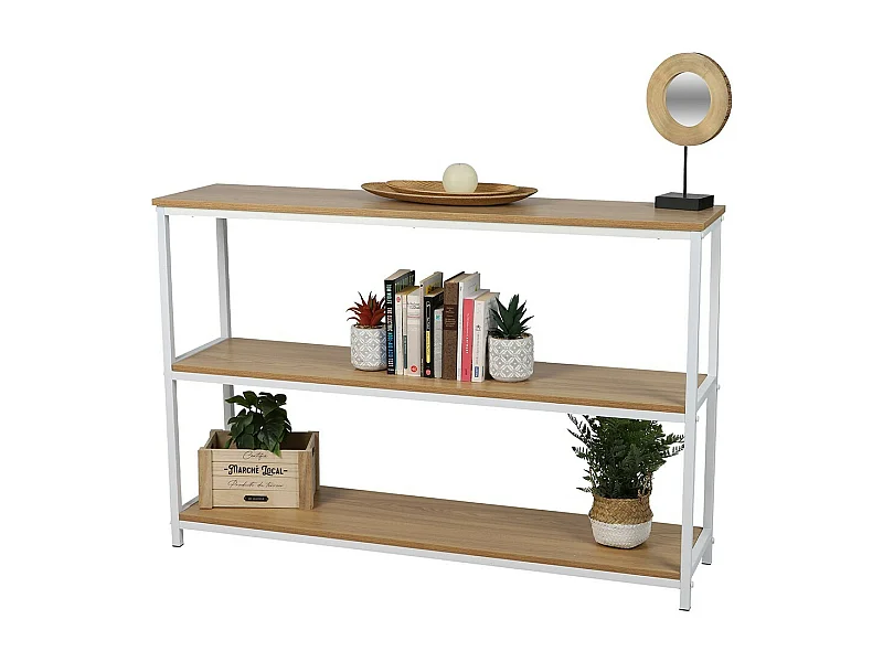 Bibliothèque 3 niveaux collection PUEBLO – Style industriel, coloris chêne et blanc