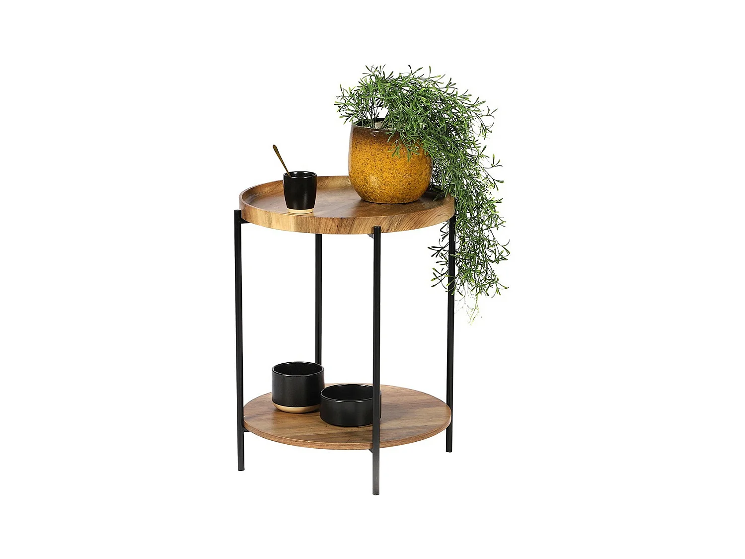 Ronde bijzettafel JAYCE met 2 niveaus, structuur in zwart metaal, etnische stijl