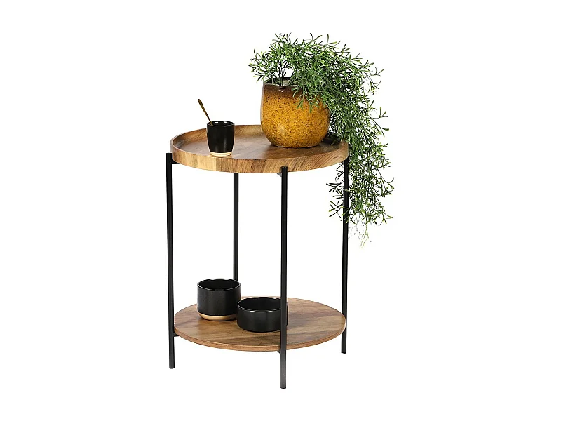 Ronde bijzettafel JAYCE met 2 niveaus, structuur in zwart metaal, etnische stijl