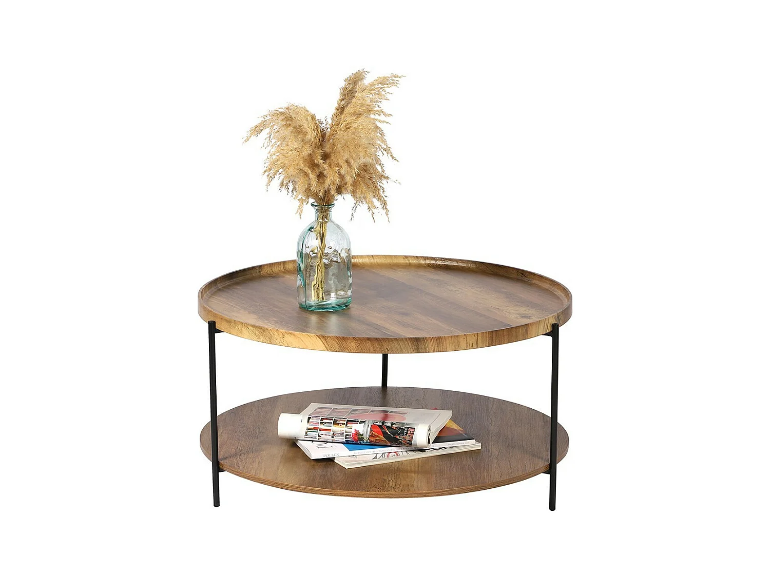 Table basse ronde JAYCE avec 2 niveaux, structure en métal noir, style ethnique