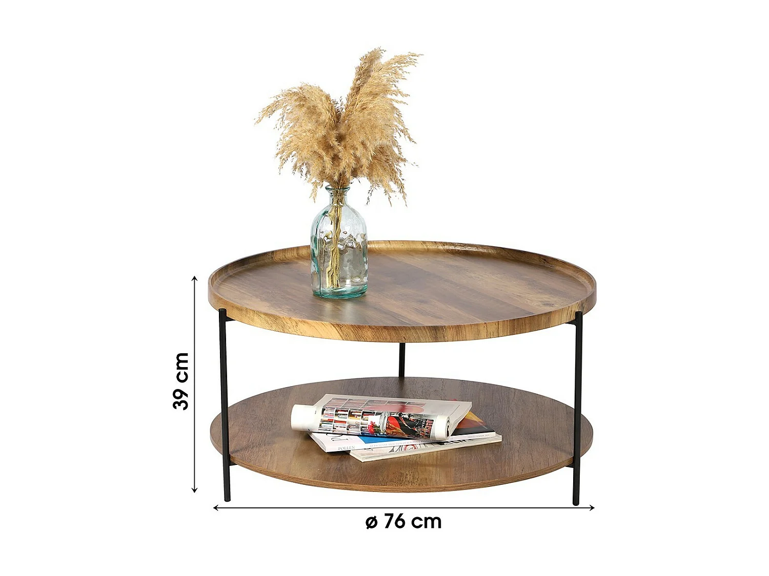 Table basse ronde JAYCE avec 2 niveaux, structure en métal noir, style ethnique