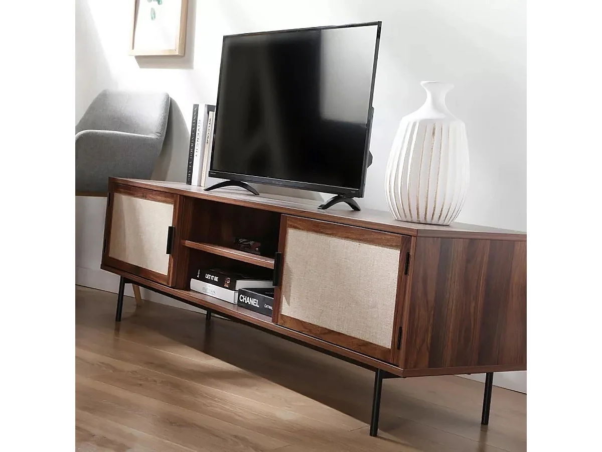 Meuble TV décor noyer avec façades en tissu  L140 cm - JETSON