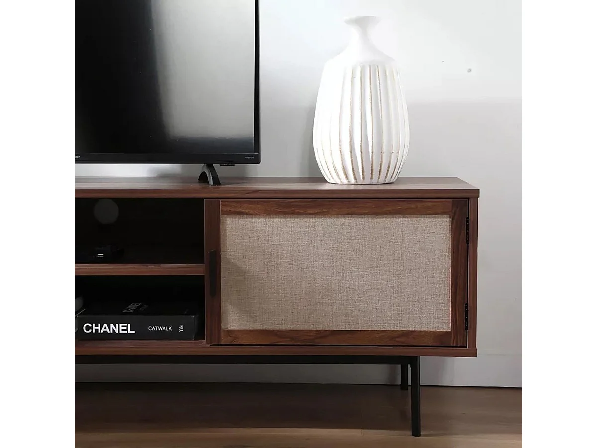 Meuble TV décor noyer avec façades en tissu  L140 cm - JETSON
